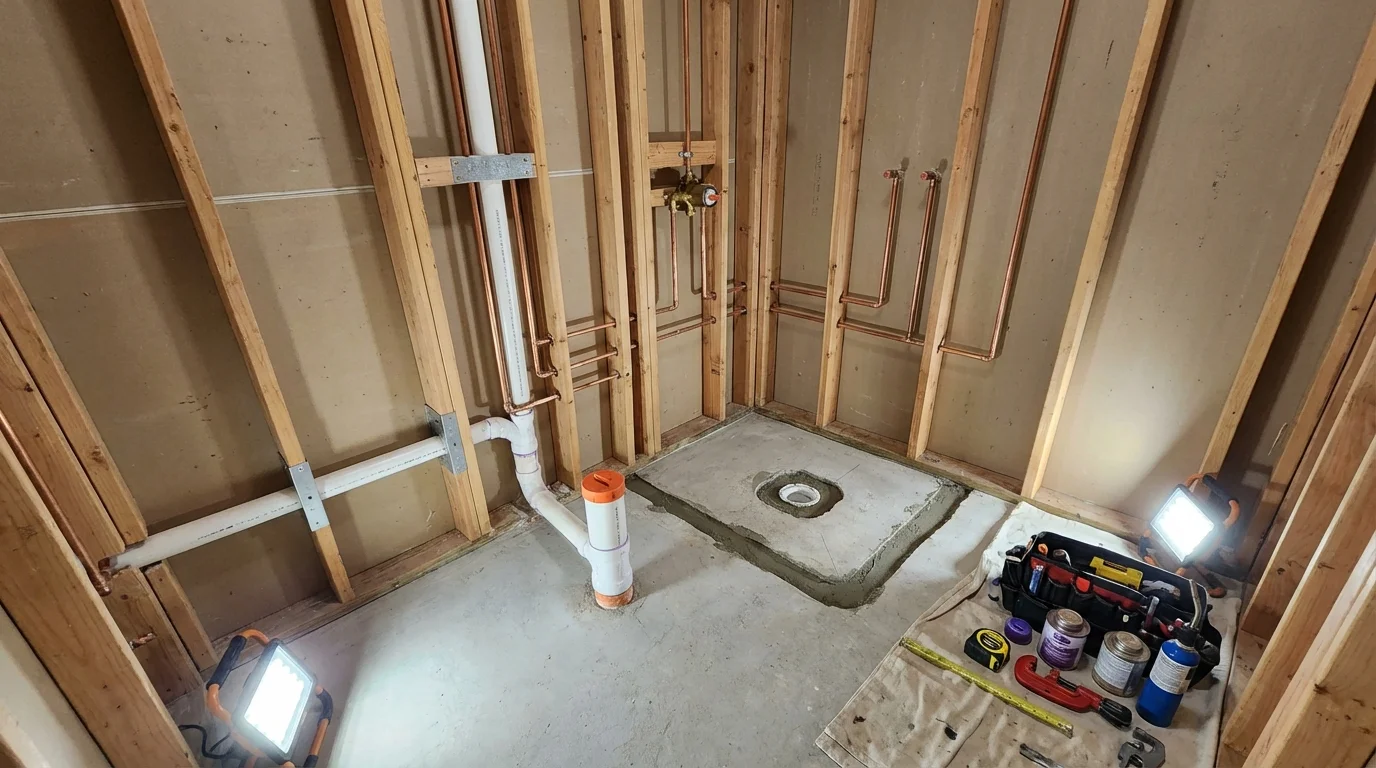 Bathroom rough-in plumbing during remodel by Johns Plumbing LLC in Claude