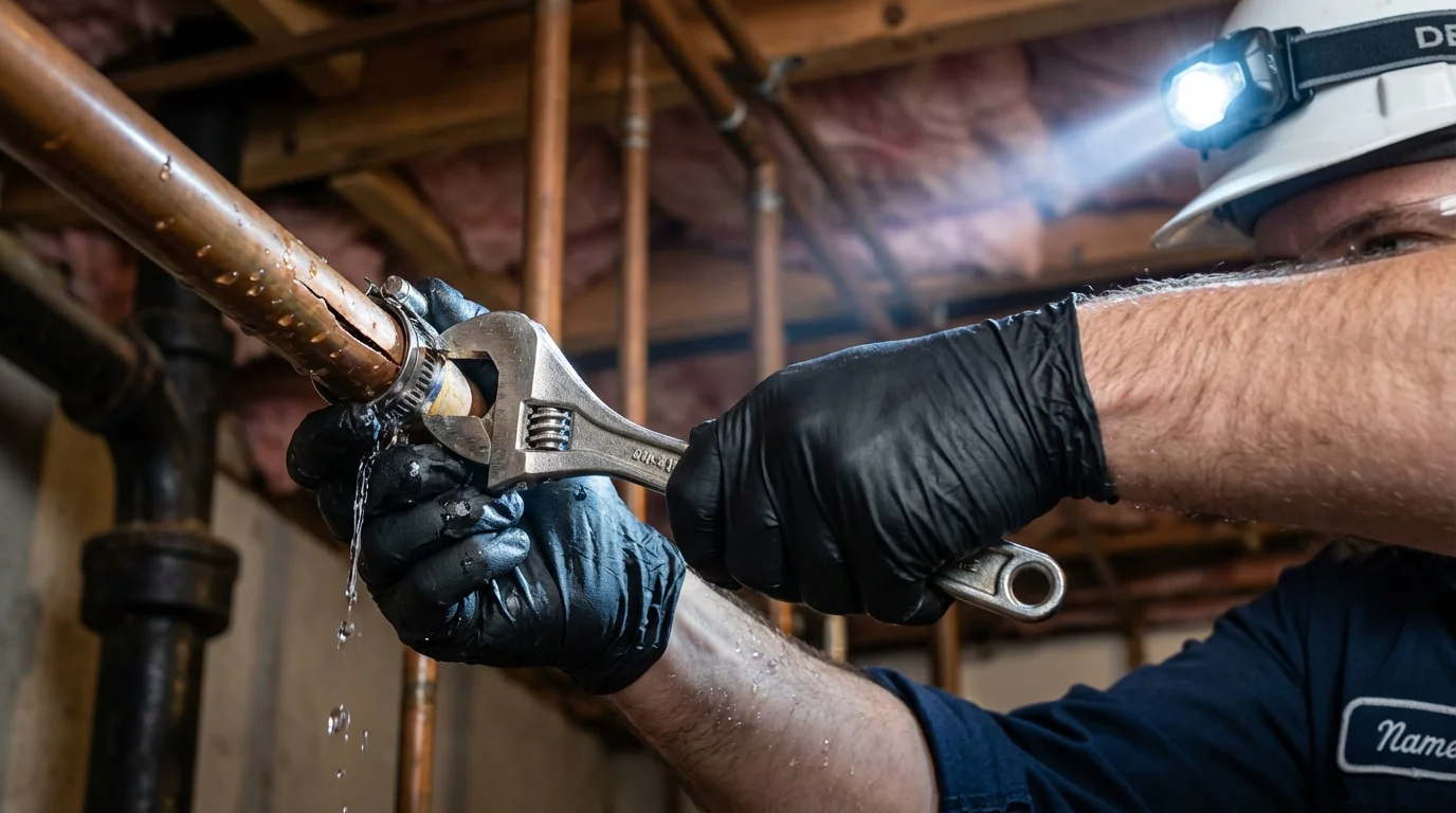 Emergency pipe clamp repair being performed by a Johns Plumbing LLC plumber in Claude