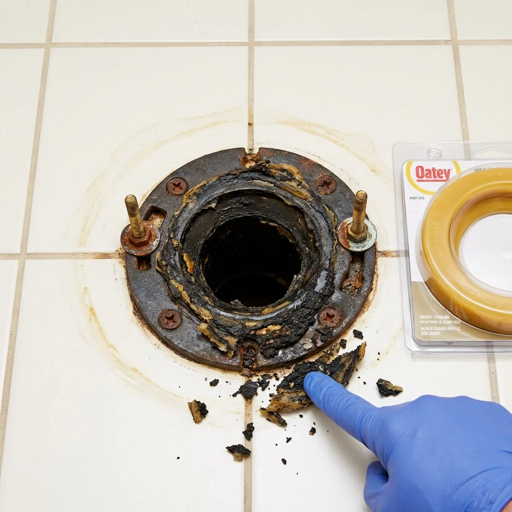 Failed wax ring showing water seepage at the base of a toilet in a Claude, TX home