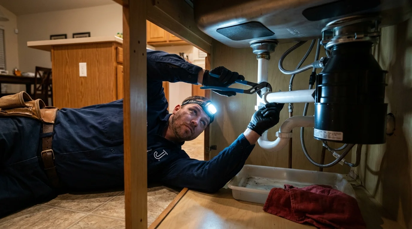 P-trap and supply line connections under a kitchen sink showing a common leak point in Claude, TX